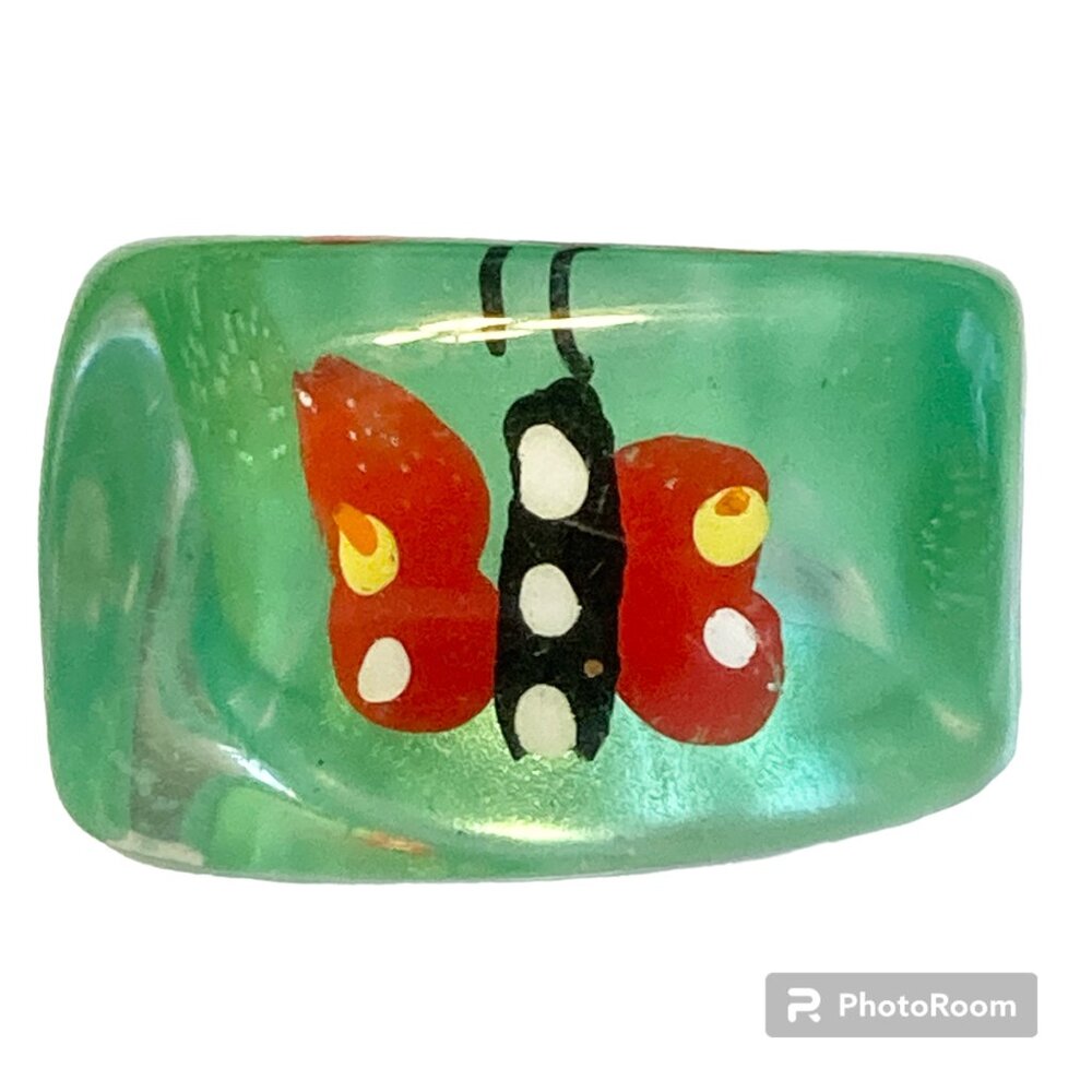 Vintage Lucite Acrylic Butterfly Ring Size 6 Retro Abstract Green Red Chunky